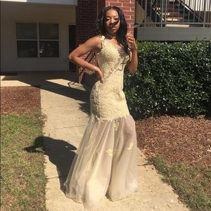 Size 4, jeweled, champagne colored prom dress.